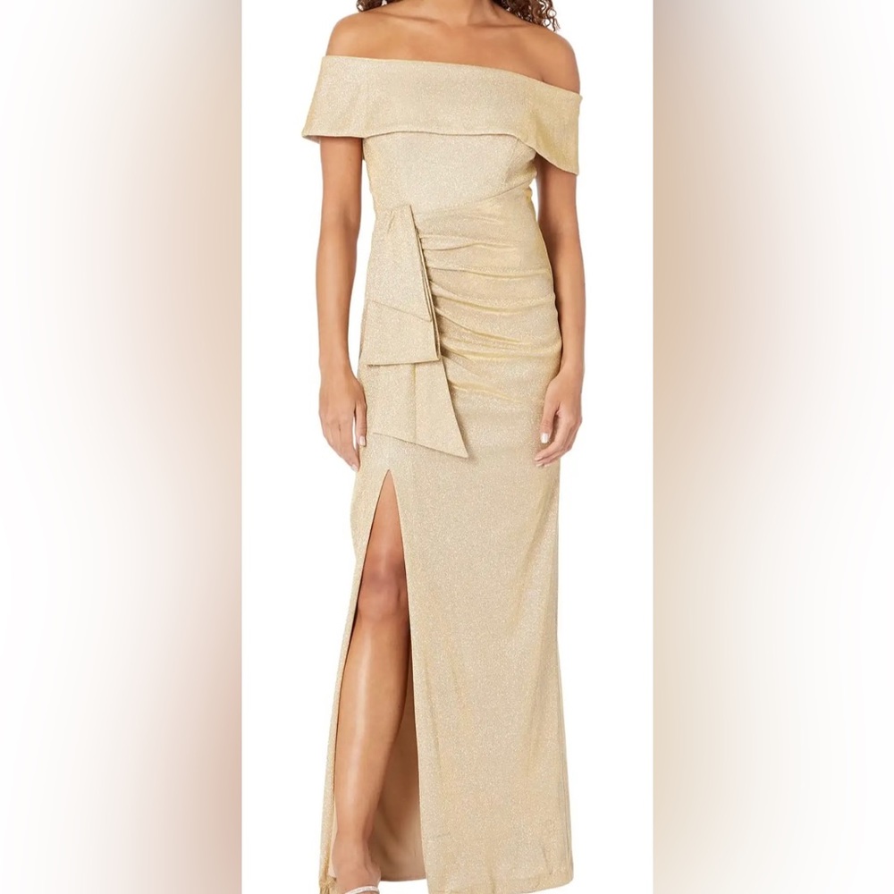 Off-the-Shoulder Glitter Metallic Gold Gown